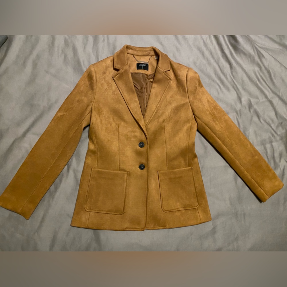 Tahari Faux Suede Leather Blazer, Camel, Size 6